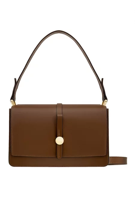 Кожена чанта с капаче и регулируема презрамка - Тъмнокафяв