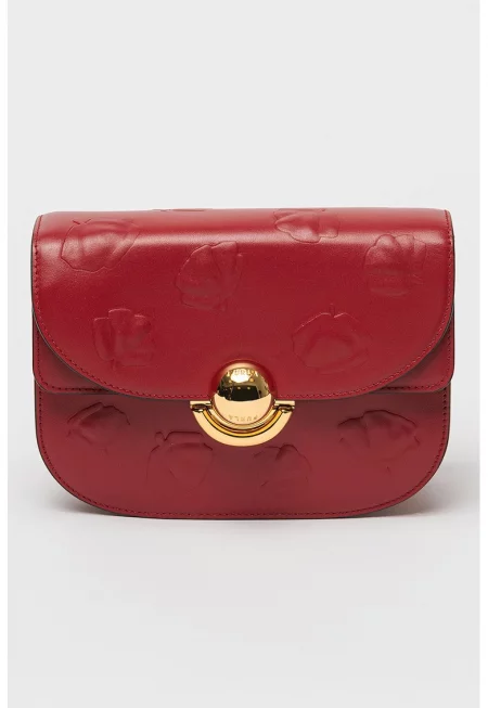 Кожена чанта за рамо с капак и релефен мотив. - Бордо