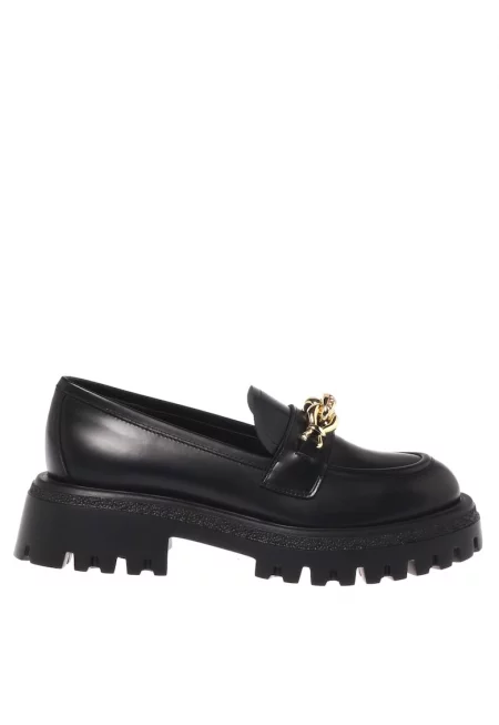 Кожени мокасини с метален детайл - Черен