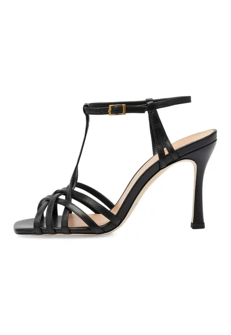 Кожени сандали с ток и каишки - Черен