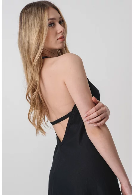 Ленена миди рокля с шпиц - Ултрамарин синьо