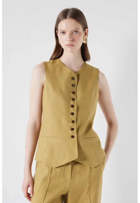 Ленено сако с копчета - без ръкави - Синапено жълто