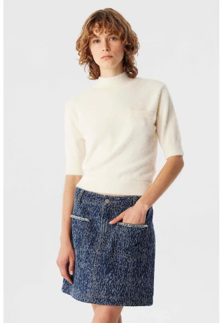 Мъхест пуловер с къси ръкави - Крем