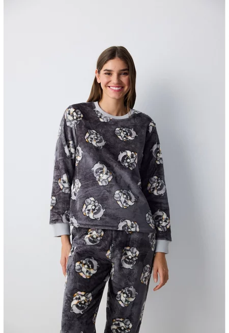 Мъхеста пижама с десен - Бял/Tъмносив