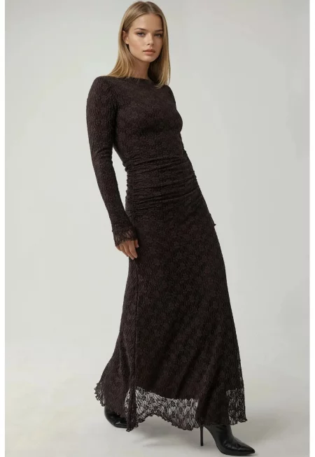Макси рокля -  Дантела - Обло деколте - Кафяво - Жарсе