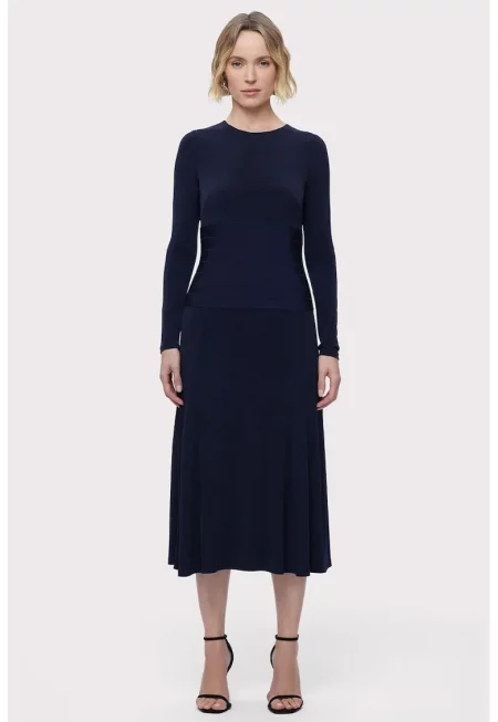 Миди рокля с дълъг ръкав и закопчаване с цип на гърба - Тъмносин