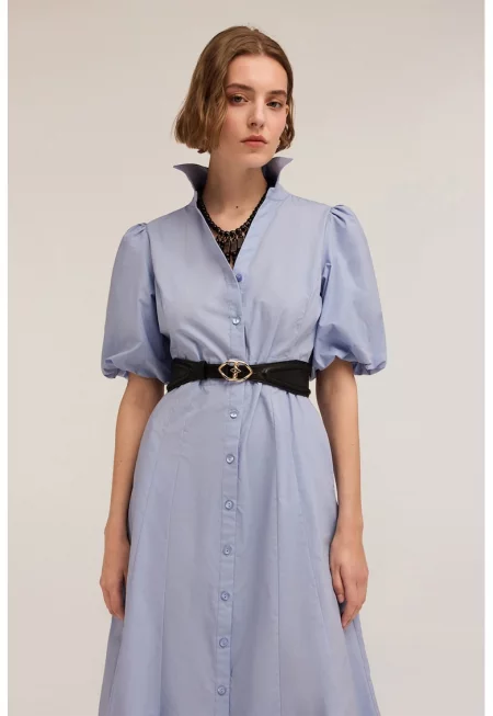 Памучна миди рокля-риза - Небесносин