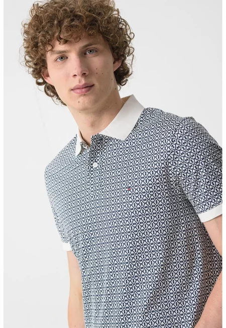 Памучна тениска с геометрична шарка - Ултрамарин синьо/Мръснобял