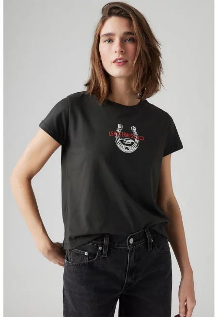 Памучна тениска с релефно лого - Червен/Избеляло черно/Мръснобял