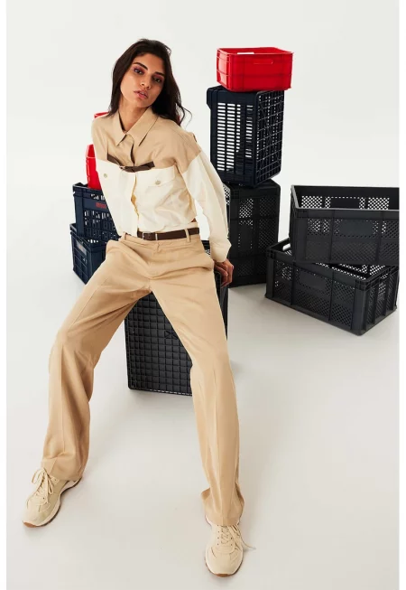 Панталон от лиосел с колан от еко кожа - Камел