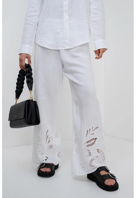 Панталон с лен и бродерия - Бял