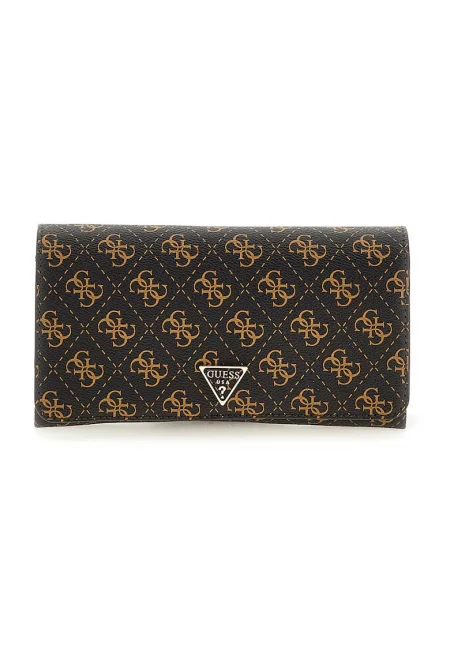 Портмоне от еко кожа с верижка и монограм - Тъмнокафяв/Карамел