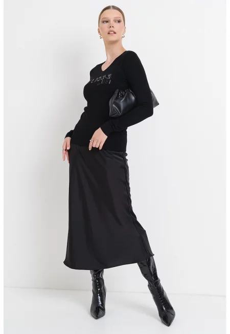 Пуловер с декоративни камъни и лого - Черен