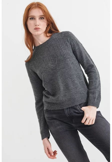 Пуловер с перфорации - Меланж тъмно сиво