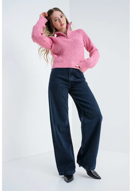 Пуловер с вълна с къс цип - Розов меланж