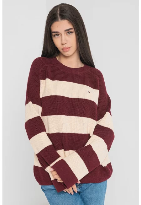 Раиран пуловер с органичен памук с райе