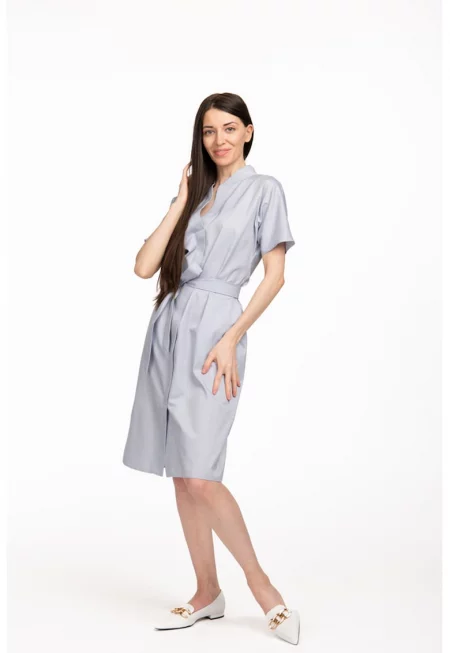 Раирана рокля Sabrina с джобове встрани - Бял/Светлосин