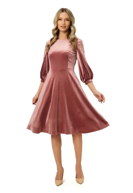 Разкроена кадифена рокля - Прашно розово