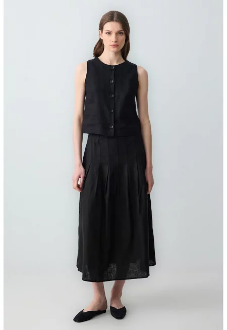 Разкроена ленена пола - Черен