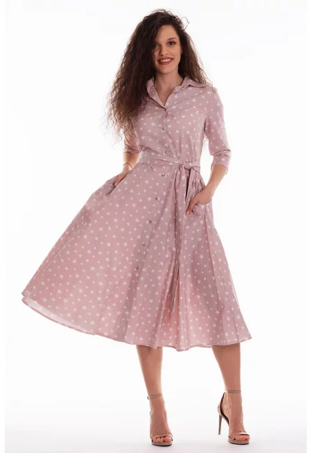 Разкроена рокля-риза с колан - Бял/Прашно розово