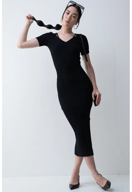 Рипсена шпиц рокля Shaty с цепка встрани - Черен