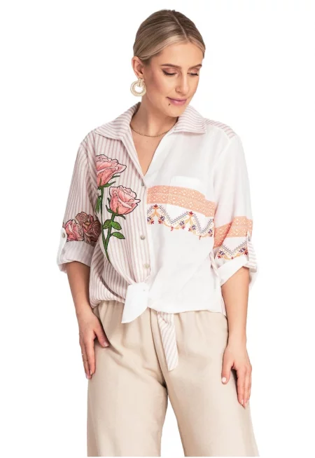 Риза  овърсайз с флорален принт - бежова - полиестерна материя - бохо стил - SM