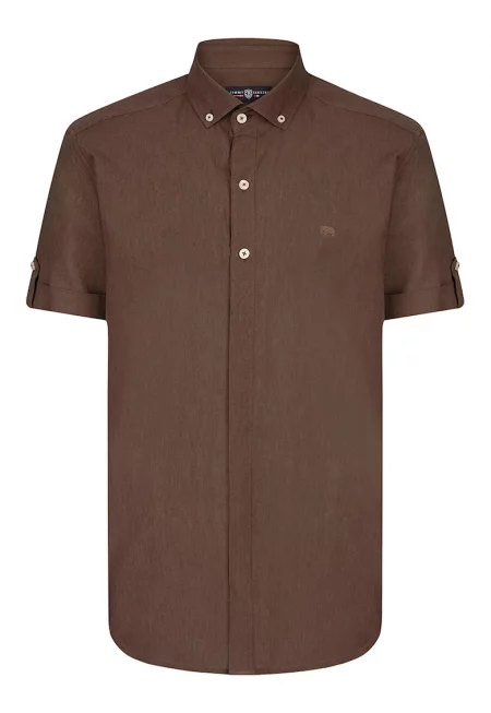 Риза с лен и къси ръкави - Тъмнокафяв