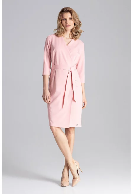 Рокля  елегантна - с колан - розова - полиестер -