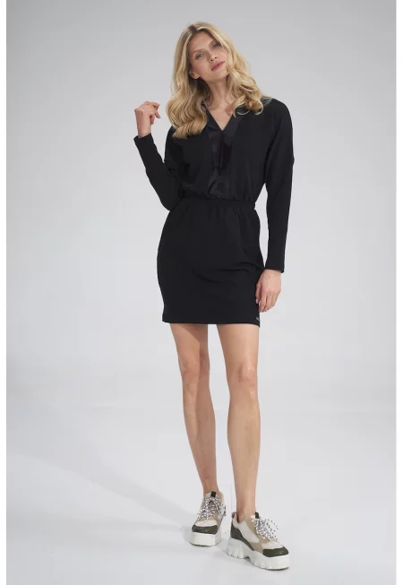 Рокля  M753 - черна - памучна - V-образно деколте - дълъг ръкав -