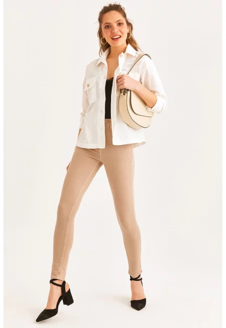 Скини дънки Venice с висока талия - Светло бежово