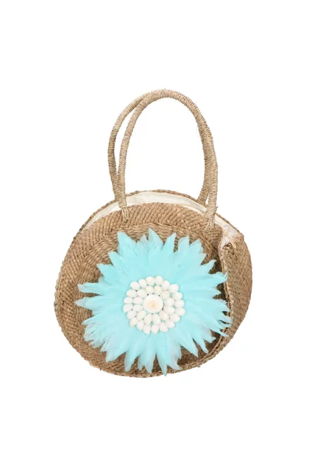 Сламена ръчна чанта с пера - Пастелносин