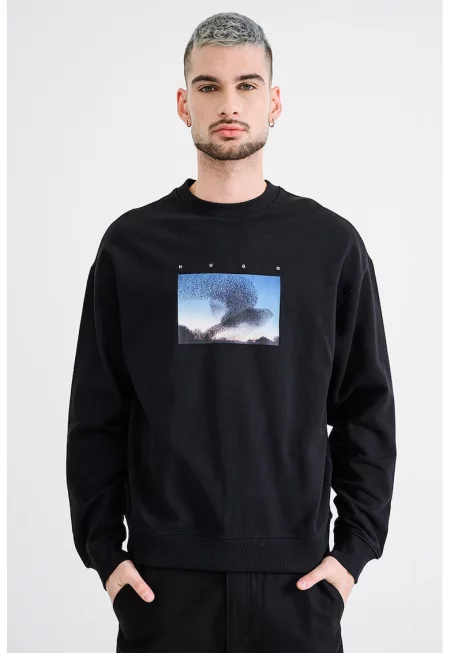 Суитшърт с овално деколте и принт - Черен/Син