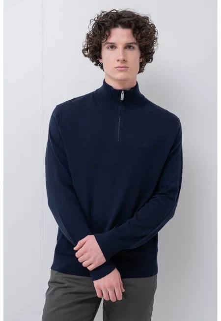 Вълнен пуловер с къс цип - Тъмносин
