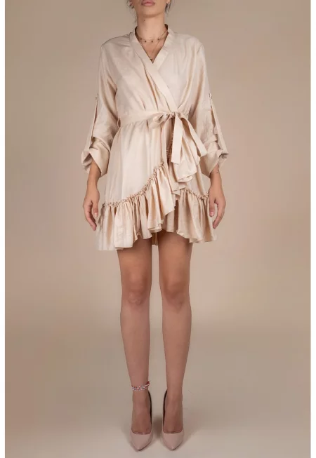 Wrap Dress With Ruffles & Wide Cuffs - Светло бежово