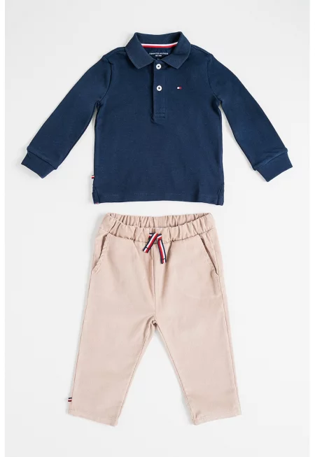 Блуза с органичен памук с яка и панталон - Камел/Тъмносин