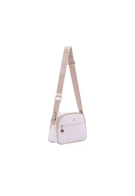 Чанта през рамо от еко кожа с шарка и лого на презрамката - Бежов