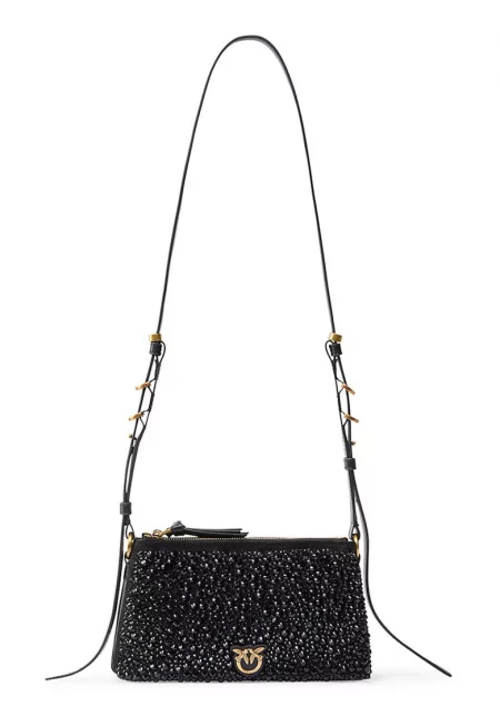 Чанта през рамо с декоративни камъни и цип - Черен