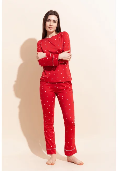 Дълга пижама Ana с модал - Червен/Бял