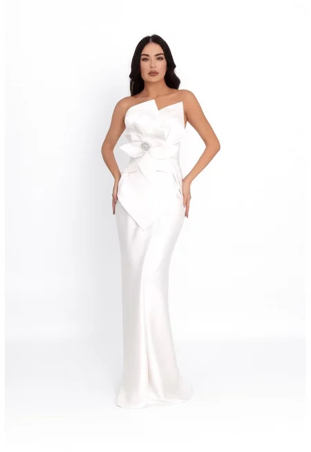 Дълга сатинирана рокля - Бял