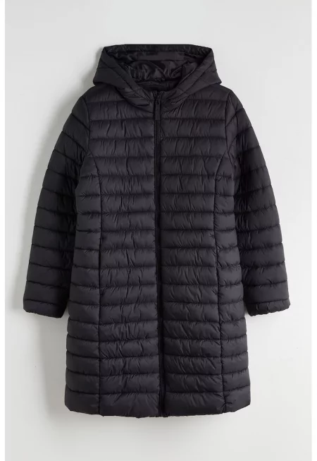 Дълго подплатено зимно яке с качулка - Черен