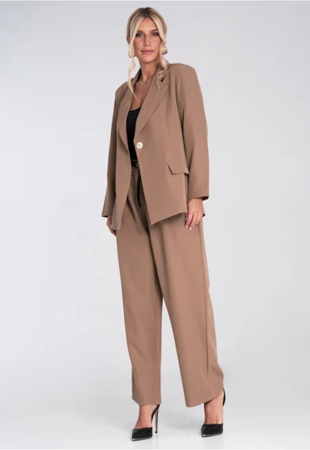 Дамски костюм  с широки панталони - бежов - полиестер