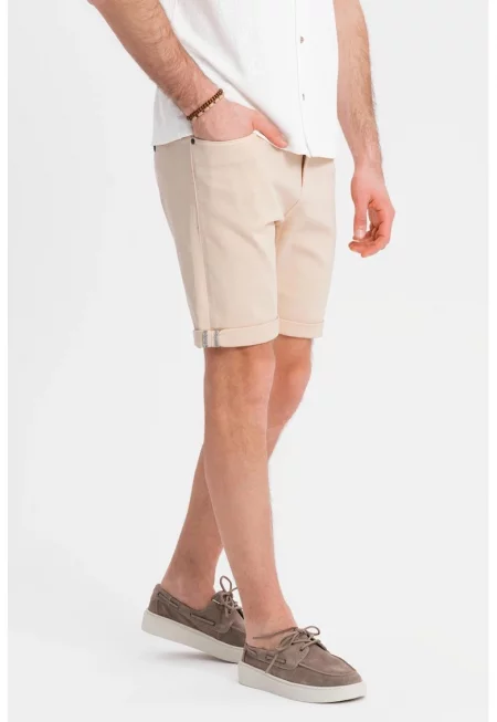 Дънков къс панталон със средновисока талия - Крем