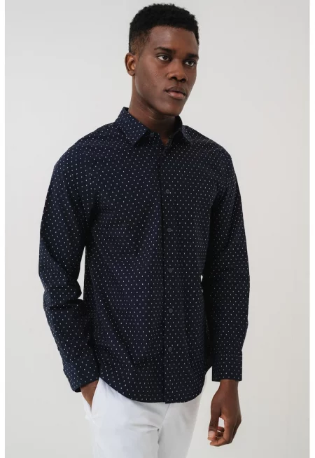 Десенирана риза с остра яка - Бял/Ултрамарин синьо