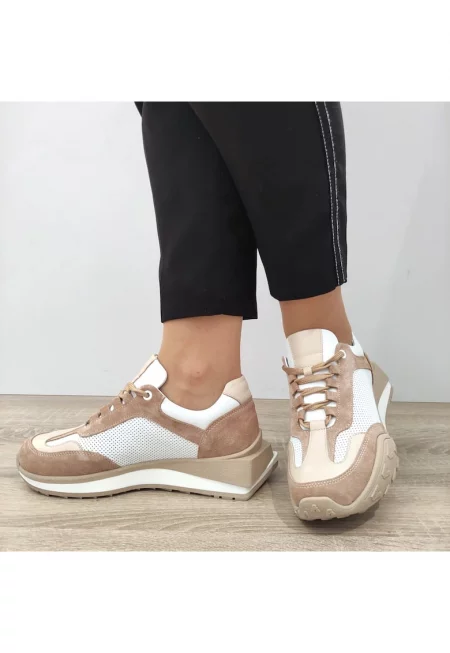 Ежедневни дамски обувки  70832 G1176-01157 Бяло + камилски велур - бял + камилски велур