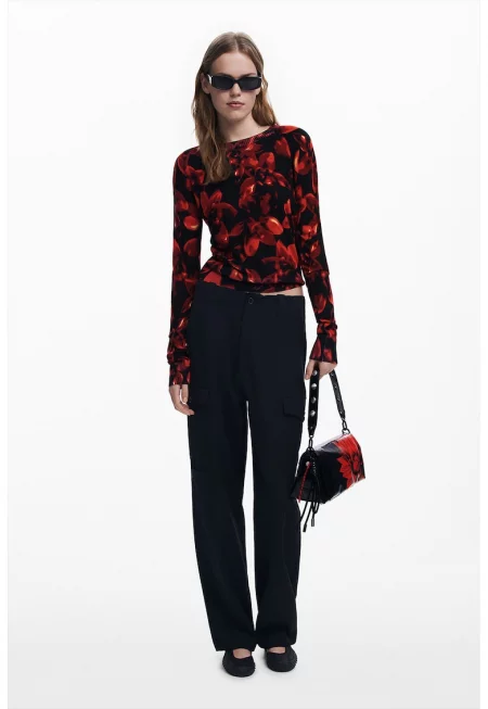 Фино плетен пуловер с рипсени краища - Черен/Тъмночервен