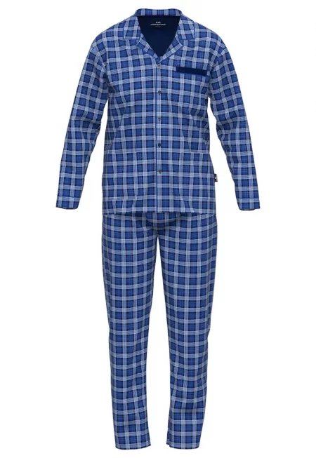 Карирана памучна пижама с раздвоен ревер - Бял/Син