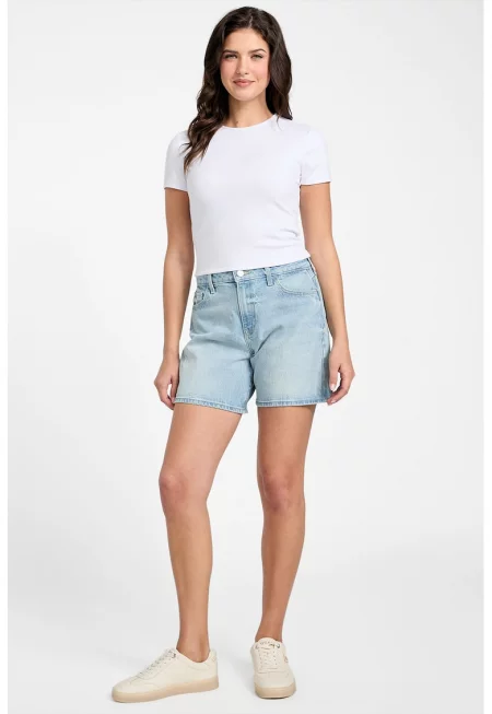 Къс панталон от деним със захабен ефект - Пастелносин
