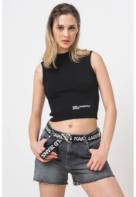 Къс топ с ниска яка - Черен