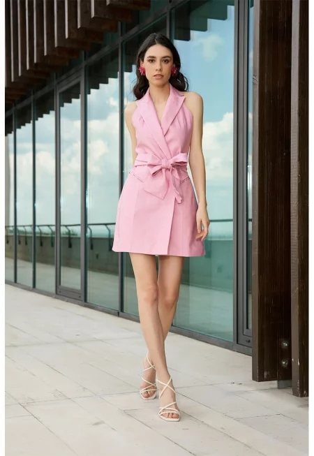 Къса ленена рокля с колан - Розово