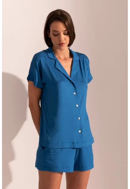 Къса пижама Cameron с микро модал и раздвоен ревер - Тъмносин